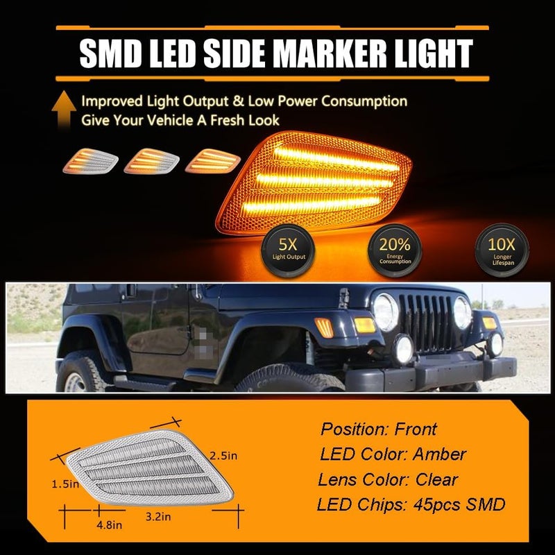 OFFKAT Sequential Front Fender LED Side Marker Lights for 1997-2006 Je-ep Wrangler TJ, TJ Clear Lens Side Bumper Marker Lamps, [Ultra-Bright] Amber LED Side Markers Turn Signal Lights, 2 PCS - Image 3